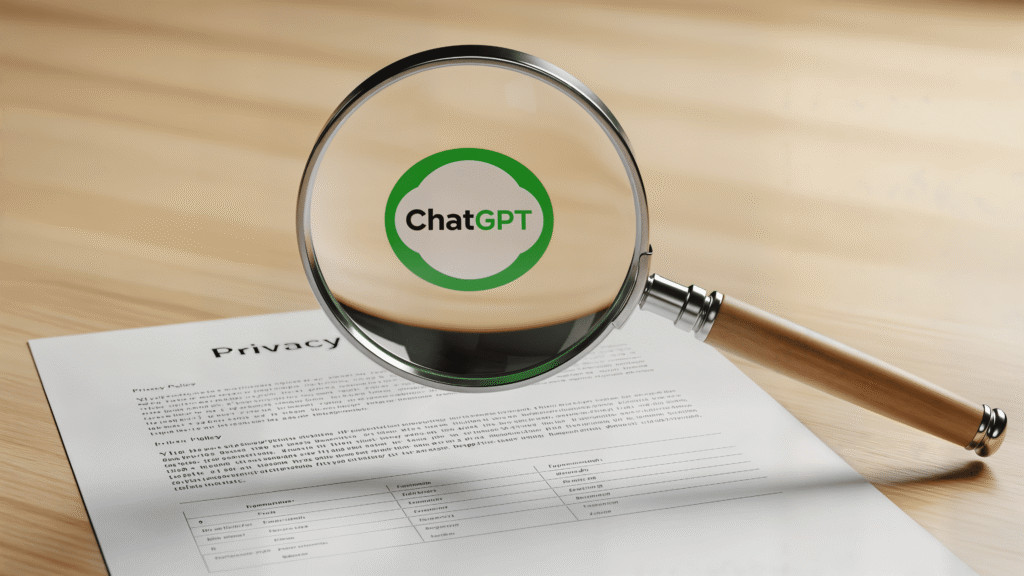 A magnifying glass hovering over a privacy policy document with the ChatGpt logo reflected in it, symbolizing assistance in scrutiny