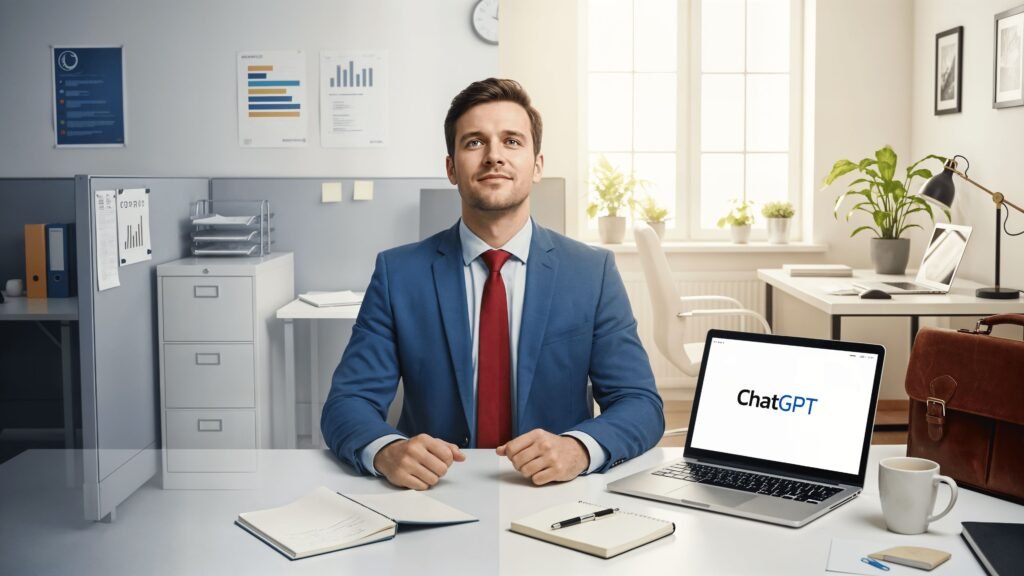 A man sitting at a desk with a ChatGPT logo on a monitor